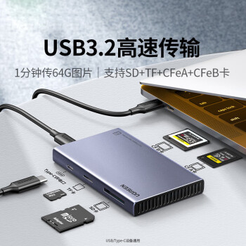 绿联15583 CM651 四合一供电读卡器 USB-C3.2转CFe A+CFe B+SD/TF+USB-C 免驱使用 三卡同读 深空灰