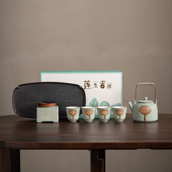 苏氏陶瓷（SUSHI CERAMICS）茶具套组莲生吉祥稻香釉提梁茶壶精美干泡茶盘功夫茶具礼盒组