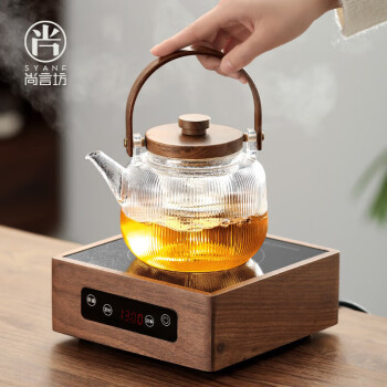 尚言坊胡桃木电陶炉煮茶器玻璃烧水壶白茶煮茶壶小型电热茶炉套装触摸款