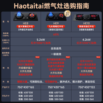 Haotaitai 家庭好用燃气灶具红外线无明火太太燃气灶天然气5.0KW台嵌入式65%高热效率煤气灶双灶具HE9