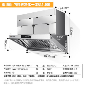 麦大厨商用油烟机大吸力油烟净化器一体机重油烟内循环净化一体机1.6米 MDC-CPB20-KL-D-ND16