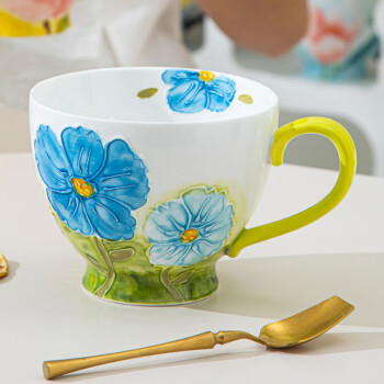 佩尔森陶瓷马克杯咖啡杯大容量水杯子早餐杯办公室杯手绘浮雕 蓝色
