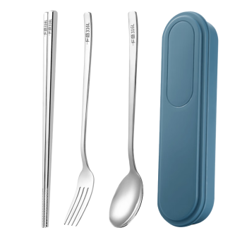 广意 316L不锈钢筷子勺子叉子餐具套装便携式筷勺四件套蓝色 GY8554
