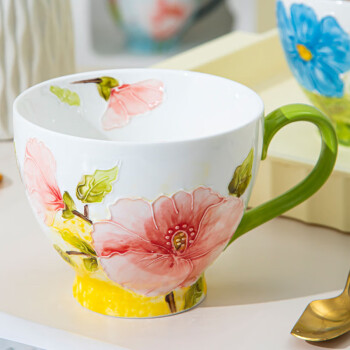佩尔森陶瓷马克杯咖啡杯大容量水杯子早餐杯办公室杯手绘浮雕 粉红色
