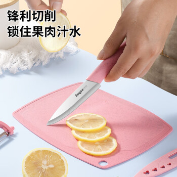 拜格（BAYCO）水果刀削皮刀器菜板三件套不锈钢便携家用刀具套装粉色 BD8052