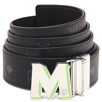 MCM 浅绿边银色M logo板扣腰带黑色3.5cm宽 MXBDSCJ01BK001