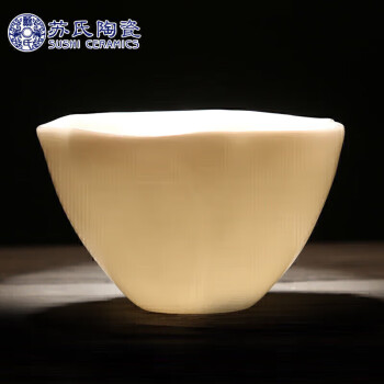 苏氏陶瓷（SUSHI CERAMICS）羊脂玉功夫茶杯中国白花瓣荷口个人杯子猪油白陶瓷主人杯（亮光）1个装礼盒