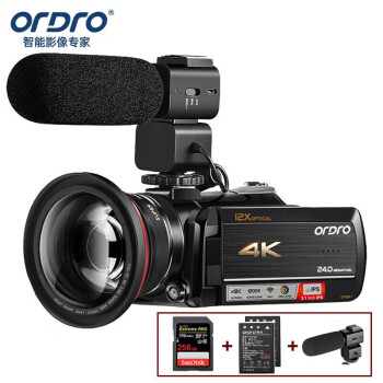 欧达4K专业直播摄影机手持数码DV录像机高清电影机家用旅游视频标配+电池+128G卡+4K广角+充电麦+增距