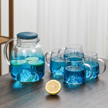 SUSHI CERAMICS高硼硅玻璃大容量冷水壶果汁壶凉水杯玻璃杯观山壶渐变蓝一壶四杯