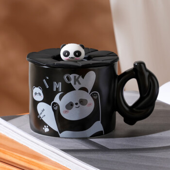 贝瑟斯水杯陶瓷马克杯带盖勺萌趣熊猫情侣杯伴手礼办公室喝水杯子咖啡杯