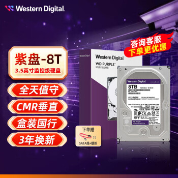 西部数据（WD） 紫盘  SATA接口  安防录像监控录像机 CMR垂直 3.5英寸台式机械硬盘 8TB 紫盘【WD84EJRX】