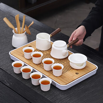 润养整套德化羊脂玉功夫茶具套装家用白瓷茶壶茶杯竹制茶盘托盘茶台