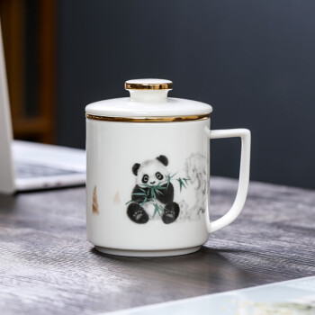 MULTIPOTENT茶杯玉瓷会议杯陶瓷带盖办公杯描金熊猫杯 精美伴手礼盒套装