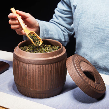 尊壶茶叶罐紫砂茶罐大号普洱茶缸陶瓷茶盒茶仓密封醒茶罐 木桶牛盖