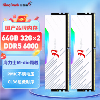 金百达（KINGBANK）64GB(32GBX2)套装 DDR5 6000 台式机内存条海力士M-die颗粒 白刃RGB灯条 C36