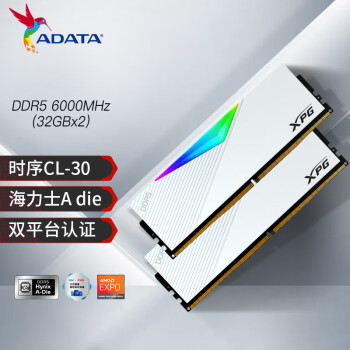 威刚 (ADATA) 龙耀 64GB(32G×2) DDR5 6000 CL30 海力士A die颗粒 电竞RGB内存条 XPG D500G 釉白