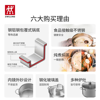 双立人（ZWILLING）汤锅不锈钢燃气灶电磁炉通用蒸锅双耳炖煮锅Nova Plus 24cm煲汤锅