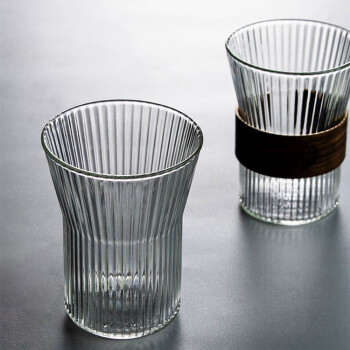 焙印日式竖条纹耐热玻璃手冲咖啡杯 隔热胡桃木圈高硼硅杯子