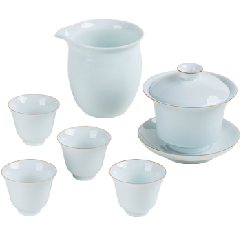 景德镇（jdz）陶瓷茶具套装纯色描金家用送礼盖碗喝茶杯简约茶具影青中式套组
