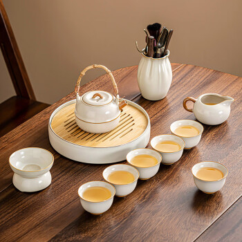 原和黄汝窑功夫茶具套装小套茶盘办公室家用泡茶壶轻奢茶杯茶道筒整套