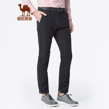 骆驼（CAMEL）男装 春季男士休闲裤薄款直筒弹力青年纯色中腰长裤 黑色 33