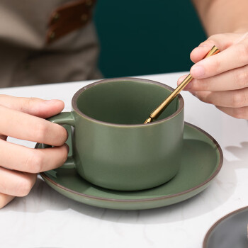 onlycook日式陶瓷杯碟咖啡杯子 复古拉花杯套装 马克杯水杯早餐杯 墨绿色