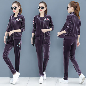 【高端精品】金丝绒套装女时尚2019新款韩版休闲运动套装女春秋款三