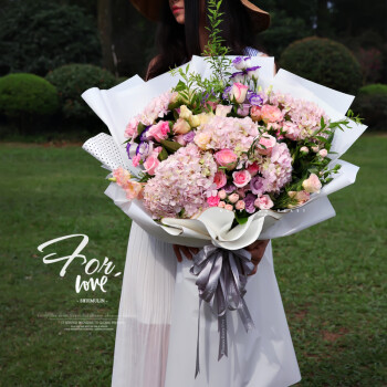 缘引韩式超大花束 熊抱巨型玫瑰花绣球大花束成都鲜花