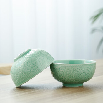 苏氏陶瓷（SUSHI CERAMICS）青瓷釉陶瓷碗花开富贵米饭碗汤碗6件套装餐具