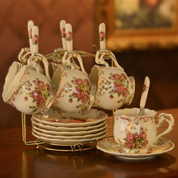 友来福欧式玫瑰咖啡杯套装英式咖啡具欧美陶瓷红茶杯下午茶杯子六杯碟带架子（礼盒装）