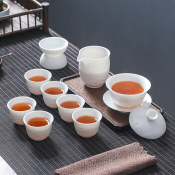 MULTIPOTENT整套茶具羊脂玉中国白浮雕锦绣山河盖碗6杯套装 精美伴手礼盒礼品
