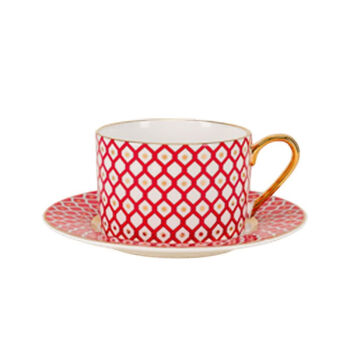 俄皇（Lomonosov）俄罗斯陶瓷-STAR系列 一杯一碟250ml 红色B款礼盒装 骨瓷茶杯英式下午茶咖啡杯碟具套装