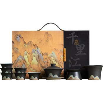 苏氏陶瓷（SUSHI CERAMICS）茶具套装手绘釉画彩三才盖碗款功夫茶具礼盒套装