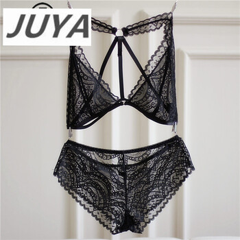 juya 女孩欧美少女文胸超薄蕾丝三角杯 深v前扣无钢圈美背内衣套装