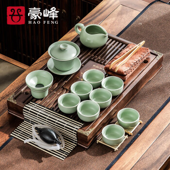 豪峰【销量10万+】整套功夫汝窑茶具套装家用实木茶盘托盘茶杯茶壶