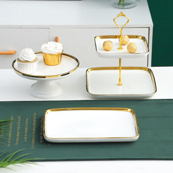花蓓诗 甜品台展示架摆件装饰蛋糕点心架茶歇冷餐盘摆台 白色金边3件套