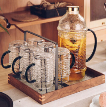 致仕（ZISIZ）复古中式玻璃杯带把手套装家用客厅家庭茶具6支装+中式杯架+胡桃木透明托盘+2000ml壶