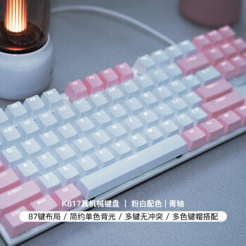 现代翼蛇 K817机械键盘 有线键盘 游戏键盘 87键 吃鸡键盘 电脑键盘 笔记本键盘 白粉 青轴