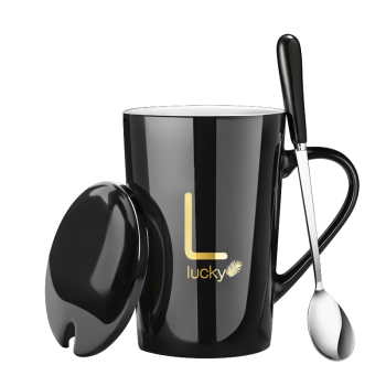 拜格（BAYCO）带盖马克杯陶瓷咖啡杯办公室喝水杯带勺子大容量牛奶杯黑色BX6806