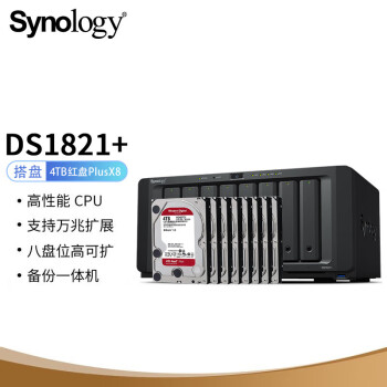群晖（Synology）DS1821+四核心8盘位NAS搭配8块西数(WD) 4TB红盘Plus WD40EFZX硬盘套装