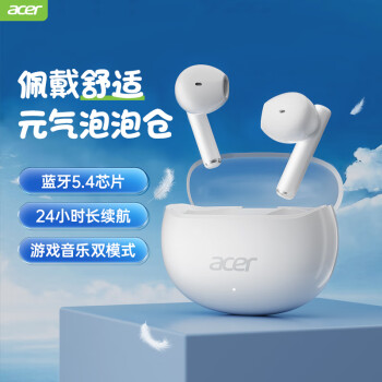 宏碁（acer）OHR303真无线蓝牙耳机通话音乐降噪 半入耳游戏运动跑步耳机 长续航 适用于安卓手机平板电脑白色