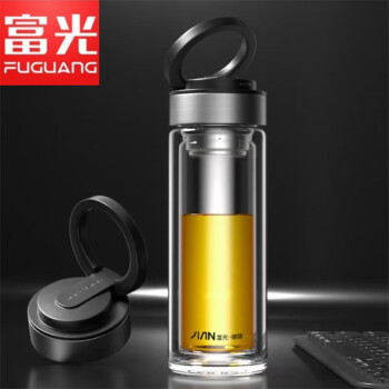 富光（FUGUANG）双层高硼硅健牌尚泽 茶漏玻璃杯商务车载便携黑色360ML