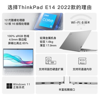 ThinkPad E14 14英寸轻薄便携联想笔记本电脑 酷睿i5-1240P 16G 512G 100%sRGB 银 丰富接口