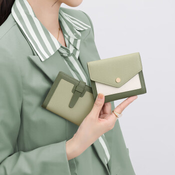 妙迪牛皮女式短款小钱包折叠大钞夹零钱包卡包1698青绿-抽带版