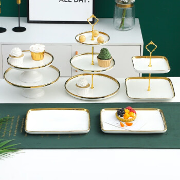 花蓓诗 甜品台展示架摆件装饰蛋糕点心架茶歇冷餐盘摆台 白色金边6件套