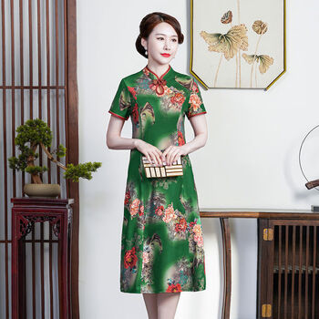 旗袍连衣裙2022中长款复古优雅遮肚显瘦裙子女花色2天云丝柔软舒适3xl