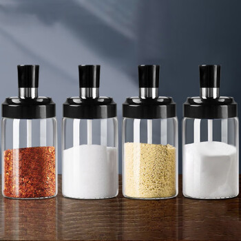 板谷山玻璃盐罐烧烤调料瓶 勺盖一体家用密封收纳放盐瓶4只装