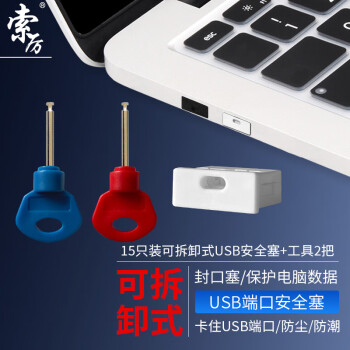 索厉USB安全锁可拆卸式USB安全塞封口塞防尘塞/USB通用堵头安全塞/工具2把+白色塞子15个装/80002