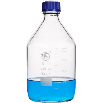 冰悦 刻度试剂瓶蓝盖玻璃试剂瓶防盗蓝盖3孔丝口流动相瓶取样瓶 2L
