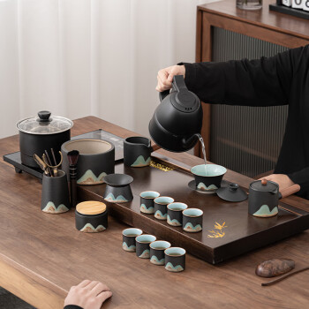 苏氏陶瓷（SUSHI CERAMICS）功夫茶具套装花梨木色茶盘粗陶茶具自动烧水壶一体整套茶盘茶台